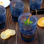 Loivttvv 6pcs Vintage Drinking Glasses Set, 12 oz Blue Highball Glasses, Embossed Ribbed Glassware Cups for Cocktail, Water, Juice, Coffee, Whiskey