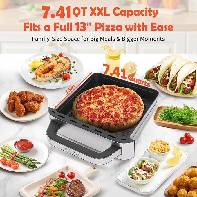 PULZO 7.4 Qt Digital Air Fryer, Large Family 13" Pizza Airfryer, One-Touch Presets, Dehydrate Function, 1650W Fast Heating, 170°F–450°F Precise Temp Control, Nonstick Basket, Dishwasher Safe