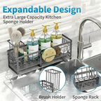 Extra Large Extendable Sponge Holder for Kitchen Sink, Rustproof Sink Caddy Organizer with High Brush Holder, Dish Soap Dispenser Organizers and Storage (Gray)