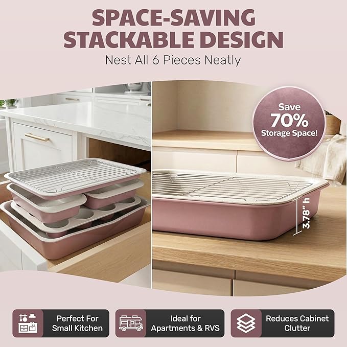 Gotham Steel 6 Pc Stackable Baking Pans Set, 70% Space Saving Design, Ceramic Bakeware Sets Non Toxic Made Without PFOA PFOS, with Baking Sheet Tray, Cake & Muffin Pans, Oven & Dishwasher Safe