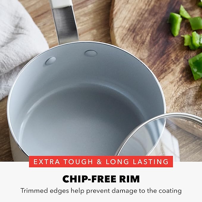 GreenPan x Bobby Flay 2.5QT Nonstick Saucepan with Glass Lid, PFAS-Free Diamond Ceramic, Induction Suitable, Stay-Cool Silicone Handle, Easy Clean Dishwasher & Oven Safe, Chef Pan, Cream