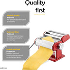 GOURMEX Stainless Steel Manual Pasta Maker Machine | With Adjustable Thickness Settings | Perfect for Professional Homemade Spaghetti and Fettuccini | Includes Removable Handle and Clamp (Red)