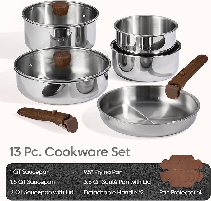 CAROTE 13pcs Tri-Ply Stainless Steel Cookware Set with Detachable Handle, Pots and Pans Set, Induction Kitchen Cooking Sets, RV/Camping Cookware, Oven Safe, Woodgrain Style