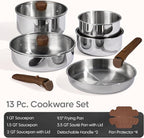 CAROTE 13pcs Tri-Ply Stainless Steel Cookware Set with Detachable Handle, Pots and Pans Set, Induction Kitchen Cooking Sets, RV/Camping Cookware, Oven Safe, Woodgrain Style