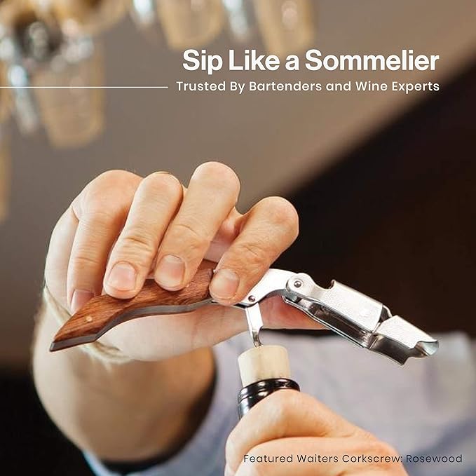 Hicoup Wine Opener - Professional Corkscrews for Wine Bottles w/Foil Cutter and Cap Remover - Manual Wine Key for Servers, Waiters, Bartenders and Home Use - Stainless Steel With Pakka Wood Inlay