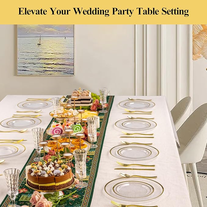 Goodluck 100PCS Clear Gold Plastic Plates, 10.25 Inch Dinner Plate with Silver Rim, Heavy Duty Disposable Plastic Plates for Party, Wedding, Birthday & Daily Use
