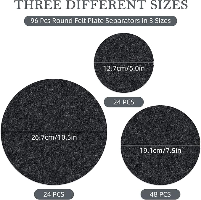 96 Pack Felt Plate Dividers Protectors, Thick Felt Round Plate Separators Pads China Dish Storage Protectors Pads with 3 Sizes for Packing Stacking Porcelain Cookware, Black