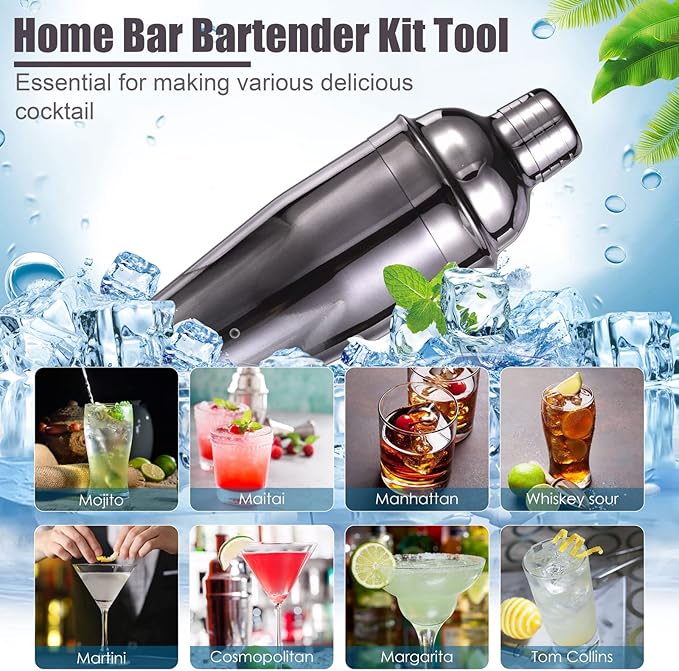 Bartender Kit with Stylish Bamboo Stand, 12 Piece 25oz Cocktail Shaker Set for Mixed Drink, Professional Stainless Steel Bar Tool Set, Gift for Man Dad- Cocktail Recipes Booklet (Grey)