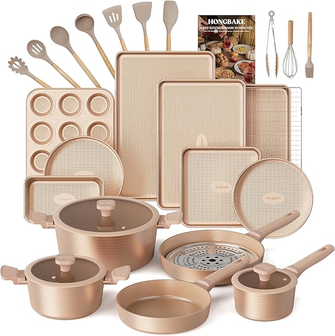 HONGBAKE Pots and Pans Set Nonstick, 26 Pcs All-in-One Kitchen Starter Set with Cookware, Bakeware & Silicone Utensils, Non Toxic Ceramic Coating, Induction & Oven Safe, PFOA PFOS Free, Gold