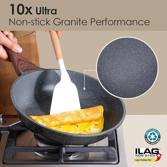 SENSARTE Nonstick Cookware Set, 23 Piece Pots and Pans Set with Swiss Granite Coating, Healthy Non Stick Kitchen Cooking Set, Stay-Cool Handles, Gray