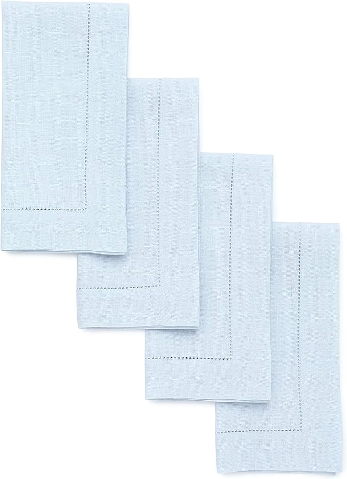 Solino Home Light Blue Linen Napkins Set of 4-100% Pure Linen Hemstitch Dinner Napkins 20 x 20 Inch for Winter, New Year - Classic Hemstitch