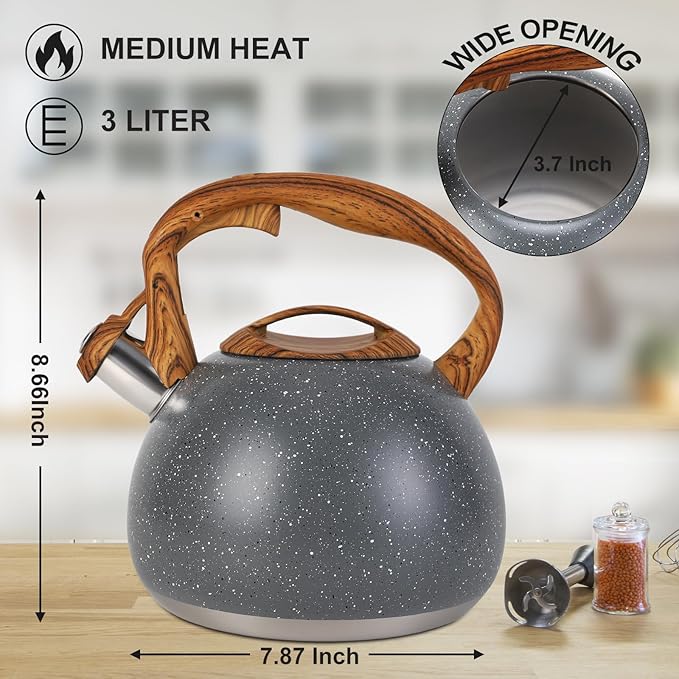 Tea Kettle, Vegoran 100 OZ / 3 Liter Whistling Tea Kettle, Tea Pots for Stove Top Food Grade Stainless Steel with Wood Pattern Folding Handle, Loud Whistle Kettle for Tea, Coffee, Milk (Gray)