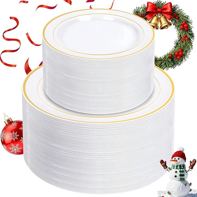 NOCCUR 200PCS Gold Plastic Plates - 100 Dinner / 100 Dessert Disposable Plates Heavy Duty - Ideal for Wedding/Party/Christmas