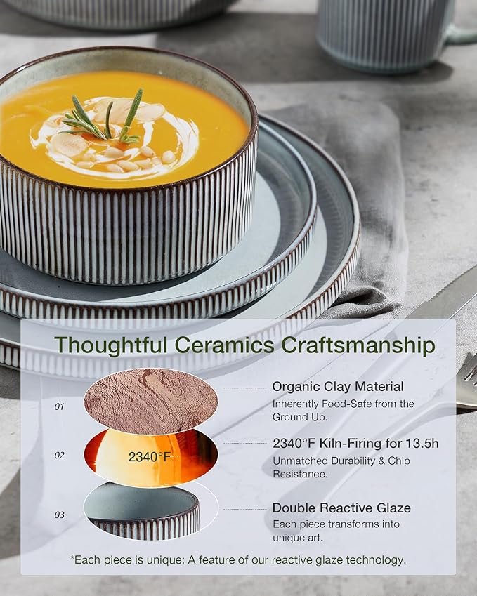 Famiware Star 16-Piece Stoneware Dinnerware Sets, Service for 4 - Shallow Pasta Bowls & Flat Plates, Modern Rustic Reactive Glaze Dishes, Chip/Scratch Resistant, Microwave/Dishwasher Safe, Smoky Blue