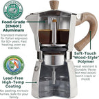 AGOGO Milano Moka Pot Stovetop Espresso Maker with 100 Paper Filters for Sediment-Free Coffee, Classic Italian Greca with Wood-Grain Handle,Cleaning Brush & Towel 6 Cup (10oz / 300ml) Cream