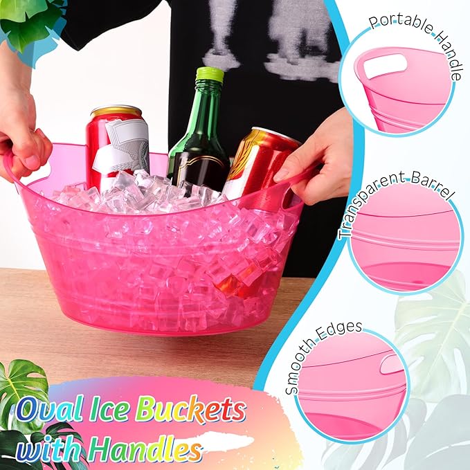 meekoo 6 Pcs Plastic Ice Buckets Bulk with Handles 4.5L Oval Storage Tub Large Capacity Ice Drink Bucket for Party Bar Wine Beer Champagne Beverage Bottle Cooler (4.5 L,Rose Red)