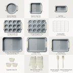 Kikcoin 25 PCS Stackable Baking Pans Set, Non-stick Bakeware Sets with Silicone Handles, 450°F Oven Safe Cookie Sheets for Baking, Easy Release Heavy-duty Baking Sheets Non Stick, Cream