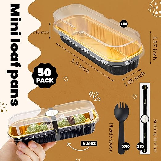 NPLUX 50 Pack Mini Cake Pans with Lids and Spoons Black Gold Rectangular Aluminum Foil Baking Pans Mini Cheesecake Containers(6.8oz)