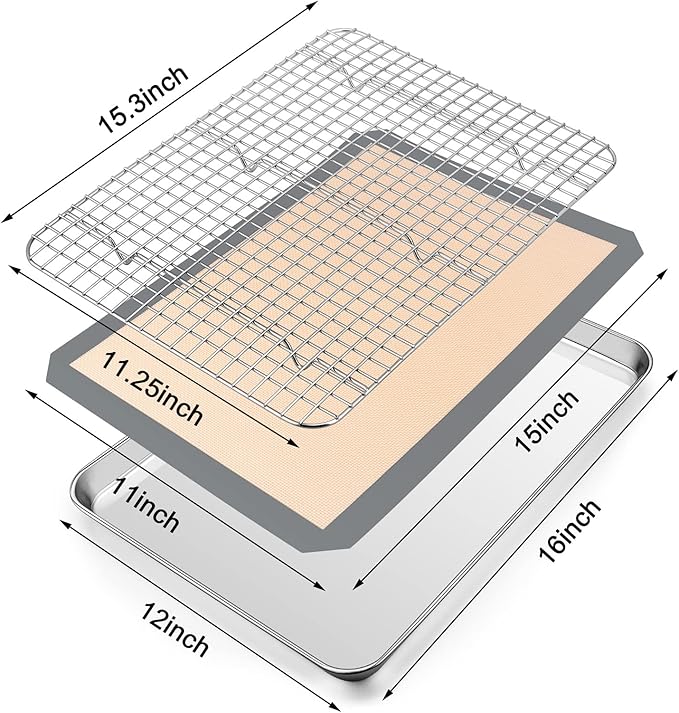 P&P CHEF 16 x 12 x 1 Inch Toaster Oven Pan with Grid Rack and Silicone Mat, Stainless Steel Toaster Oven Tray Baking Pan with Cooling Roasting Rack, Dishwasher Safe (3Pcs)