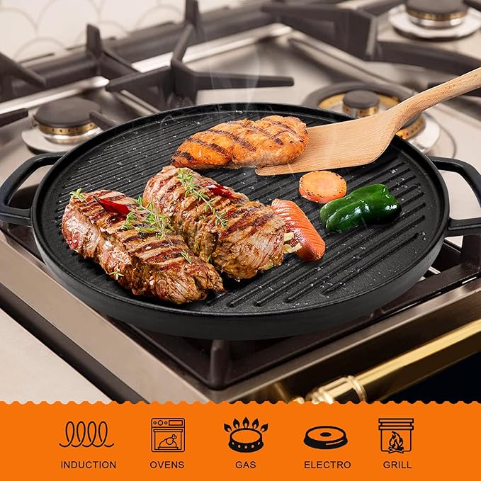 GGC Reversible Cast Iron Griddle, Double-sided Griddle Pan for Stove Tops, Gas Grills and Outdoor Cooking, 14 inch Grill Griddle with Baking Flat and Ribbed