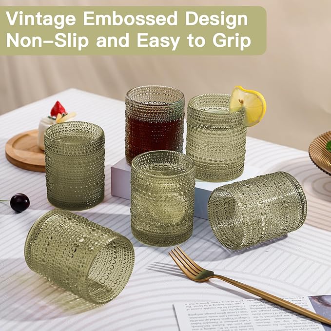 JOVGANK Green Vintage Hobnail Drinking Glasses Set of 6, Embossed Water Tumbler 12oz, Kitchen & Bar Beaded Glass Cups, Beverage Glass Cups for Water, Beer, Juice, Housewarming and Mother's Day Gift