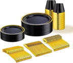 WELLIFE 150 PCS Black and Gold Disposable Dinnerware Set, Plastic Plates for Party, Including 25 Dinner Salad Plates, Cups, Forks Knives Spoons for Halloween and Party Supplies