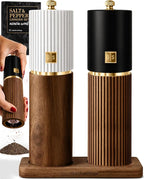 Wooden Salt and Pepper Grinder Set – Refillable Manual Salt and Pepper Mills with Adjustable Ceramic Burrs, Gold Detailing, and Wood Stand – White, Black and Acacia