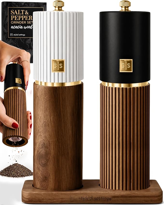 Wooden Salt and Pepper Grinder Set – Refillable Manual Salt and Pepper Mills with Adjustable Ceramic Burrs, Gold Detailing, and Wood Stand – White, Black and Acacia