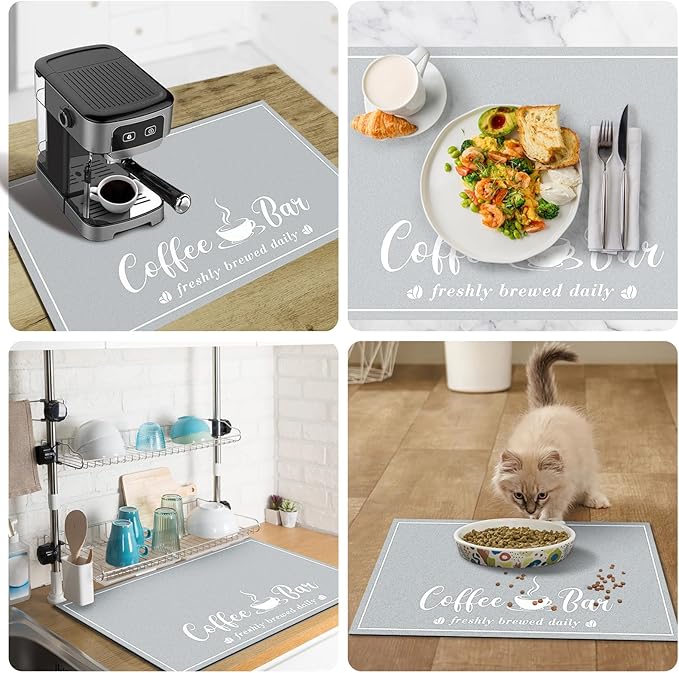 CooRug Absorbent Coffee Mat, Fashion Dish Drying Mat for Kitchen Counter Coffee Bar Accessories Espresso Machine Dish Rack 12" x 20" Light Grey