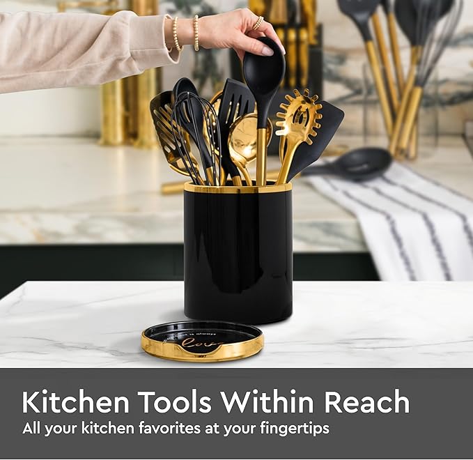 STYLED SETTINGS Black and Gold Utensil Holder with Built-in Spoon Rest - 2 PC Large Ceramic Utensil Holder Includes Black & Gold Spoon Rest - Luxury Kitchen Accessories - Utensils Not Included