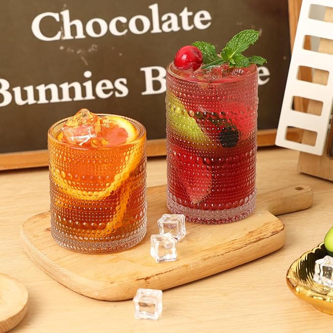 Moretoes Hobnail Drinking Glasses Set of 16, 12 Oz Highball Glasses & 10 Oz Cocktail Glasses, Clear Embossed Boho Glass Cups Kitchen Bar Tumbler Glassware Set for Whiskey, Beer, Juice, Milk (Clear)