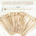 100PCS 6 Inch Wooden Rock Candy Sticks with Ball, Wood Swizzle Sticks for Drinks Cake Pops Coffee Stirrers Lollipop Making, Ideal for Party Supplies Home Baking DIY Dessert