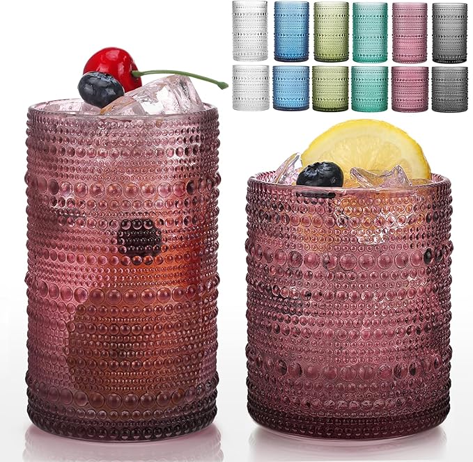 Moretoes Hobnail Drinking Glasses, 12 Piece Colorful Water Glass Cups, Mixed Vintage Glassware Set, 6pcs 12oz Highballs and 6pcs 10oz old Fashioned Glasses, Great for Cocktail, Whisky