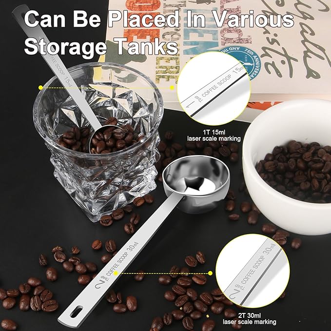 Safring Coffee Scoop Set, Tablespoon Scoop 2 Pc Set (1 Tbsp & 2 Tbsp), Stainless Steel Measuring Spoons for Ground Coffee with Long Handles, for Tea, Sugar, or Flour