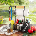 FANGSUN Grill Caddy, BBQ Caddy with Paper Towel Holder, Picnic Condiment Utensil Caddy for Outdoor Camping, Barbecue Accessories Storage Organizer for Griddle Grilling Tools, RV Patio Camper Must-Have