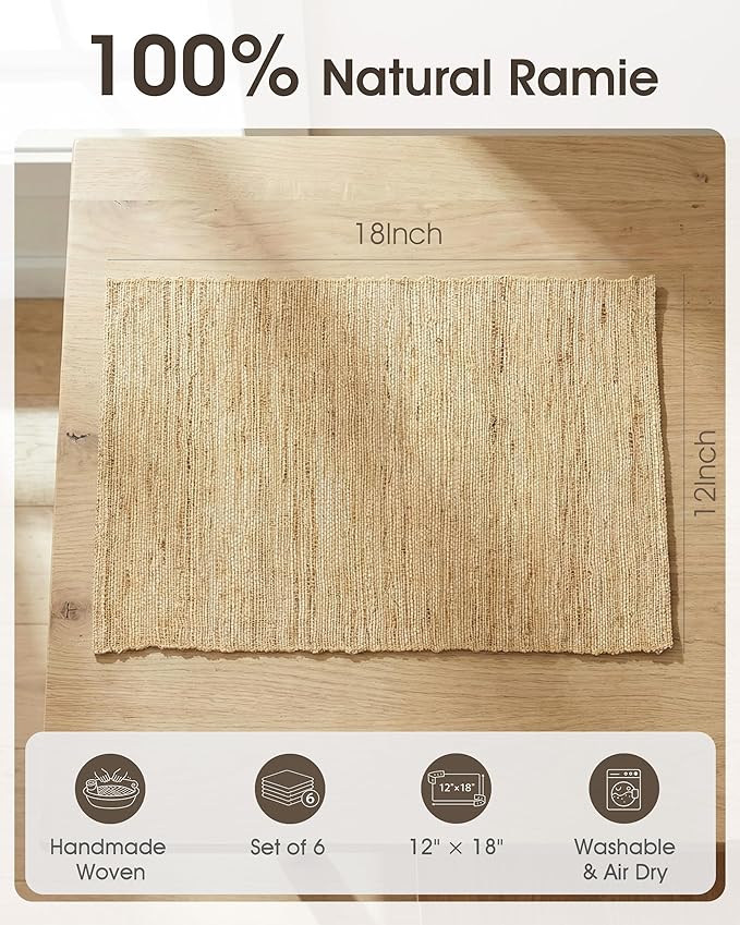 Handmade Ramie Placemats Set of 6, 12"x18" Eco-Friendly Natural Woven Table Mats for Dining Table, Heat-Resistant & Washable Natural Fiber Placemats for Kitchen, Farmhouse, Boho & Home Decor