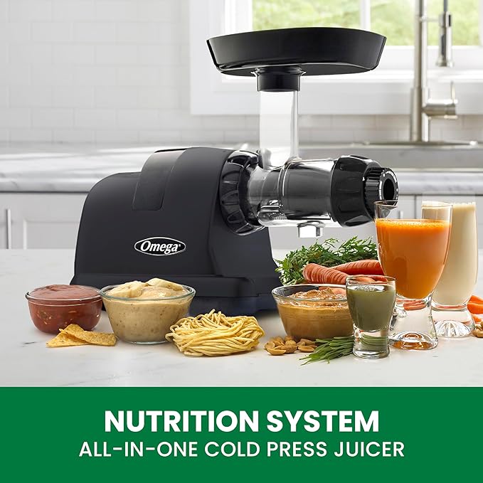 Omega Cold Press Juicer Machine, All-in-One Nutrition System for Vegetable and Fruit Juice, Nut Butter, Baby Food, Pasta and Sorbets, Triple-Stage 80-RPM Slow Masticating Juicer, 200-Watts, Black