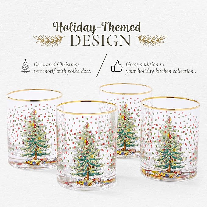 Spode Christmas Tree 14 Fl. Oz. Double Old Fashion Glass (Set of 4), Polka Dot - Whiskey & Bourbon Glasses for Festive Entertaining, Old-Fashioned & Rocks Glasses for Holiday Drinks (Pack of 2)