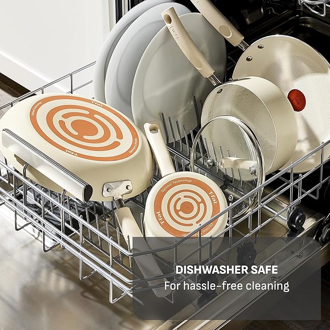 T-Fal Signature Nonstick 12 Piece Cookware Set, Oven Safe Up to 350°F, Dishwasher Safe, Pots and Pans Set, Includes Frying Pans, Saucepan, Stockpot, Cooking Utensils, Beige
