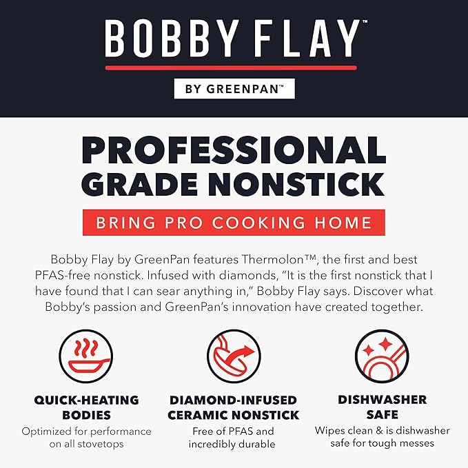 GreenPan x Bobby Flay 2.5QT Nonstick Saucepan with Glass Lid, PFAS-Free Diamond Ceramic, Induction Suitable, Stay-Cool Silicone Handle, Easy Clean Dishwasher & Oven Safe, Chef Pan, Black