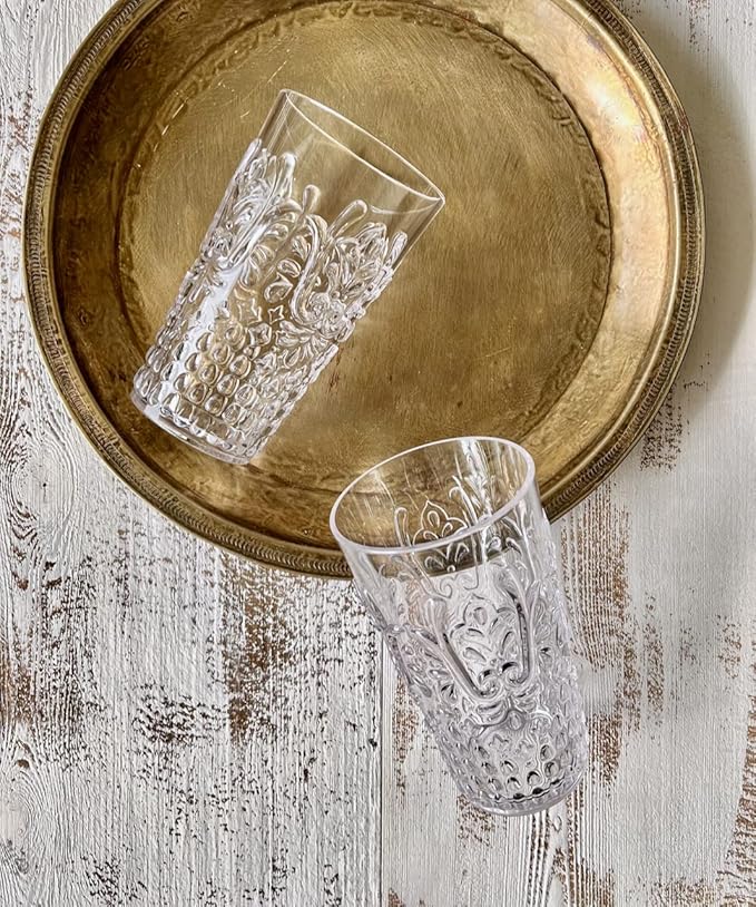 KLIFA- BLOIS- 20.5 ounce, Set of 6, Acrylic Highball Drinking Glasses, BPA-Free, Stackable Plastic Drinkware, Dishwasher Safe, Vintage Looking Cups, Clear