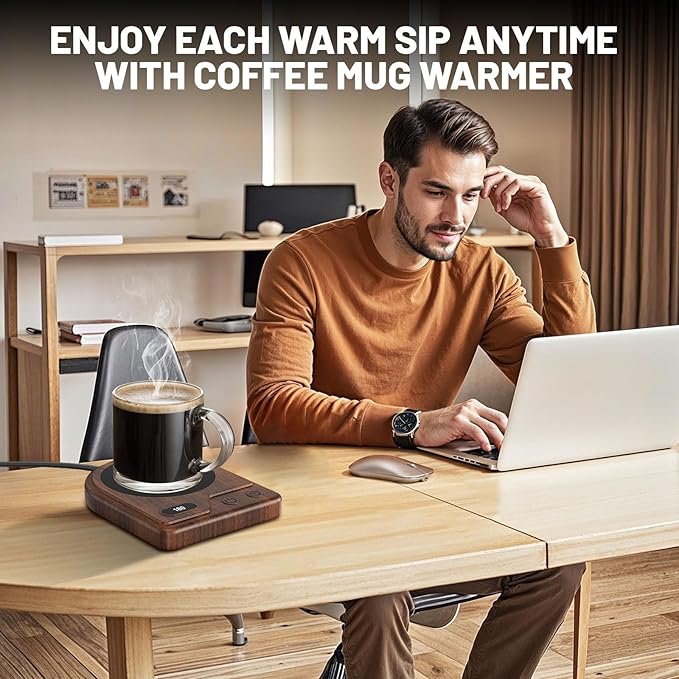 Mug Warmer, Coffee Mug Warmer with 3 Adjustable Temperature Settings, Coffee Warmer 2-12 Auto Shutoff, Digital Display Coffee Cup Warmer for Desk, Wood Grain Texture Mug Warmer for Desk Gift Choice