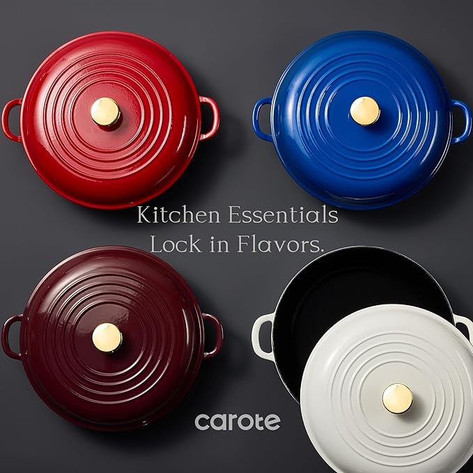 CAROTE 3.4QT Enameled Cast Iron Braiser Pan, Shallow Dutch Oven Casserole Skillets, Non-Toxic Cast Iron Pot with Lid for Grilling, Searing, Baking, Dual Handles, All Stovetop Compatible, Blue