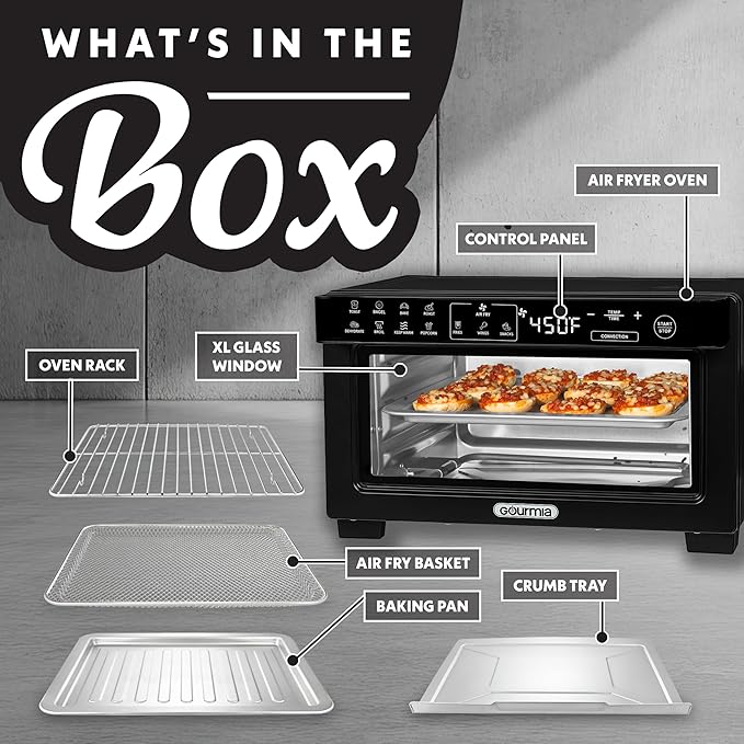 Gourmia Toaster Oven Digital Air Fryer - Convection Mode with 4 Slice Capacity, 3 Rack Positions, 12 Presets, Toast, Bagel, Bake, Roast, Broil, Dehydrate, Popcorn, Fits 9" Pizza, Black