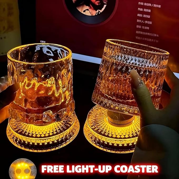 Spinning Whiskey Glasses Set, 360 Degree Rotating Old Fashioned Crystal Tumbler with Unique Relief Base, Rotatable Cocktail Wine Cup for Flavor, Drinking Glassware & Bar Accessories