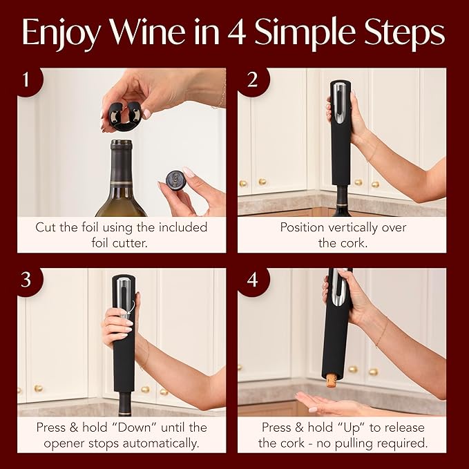 Rechargeable Electric Wine Bottle Opener - Charging Base and Foil Cutter Included with Automatic Wine Opener - Electric Corkscrew for Easy Cork Removal - Best Gift for Wine Lover (Black & Silver)