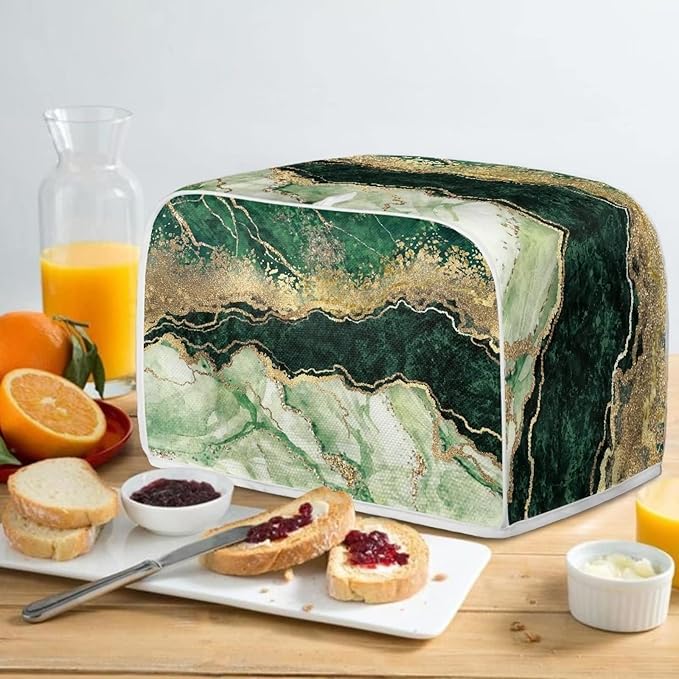 JEOCODY Teal Gold Marble Toaster Cover With Handle - 2 Slice Appliance Cover for Bread Maker, Kitchen Small Appliances, Universal Size Microwave Oven - Dustproof