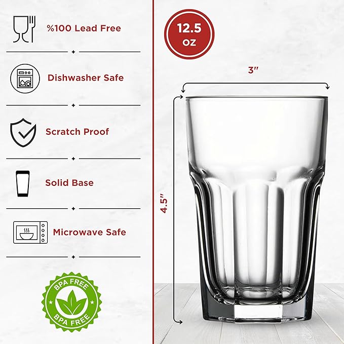 Highball Drinking Glasses Set of 6, 12.5 oz Glass Tumbler - Water Glasses & Beer Glassware for Kitchen - Durable Drinkware Set for Juice, Soda, Iced Tea & Cocktails - Heavy Base, Dishwasher Safe