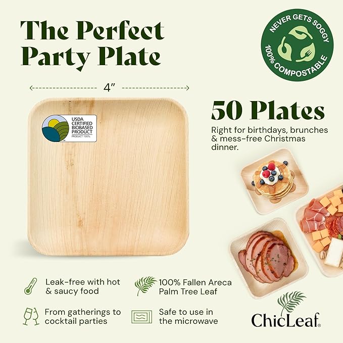Chic Leaf Compostable & Biodegradable Palm Leaf Disposable Bamboo Plates - Disposable Party Plates for Appetizers, Christmas Dinner, Holiday Meal, Turkey - Party Supplies (4'' - 50 Pack)