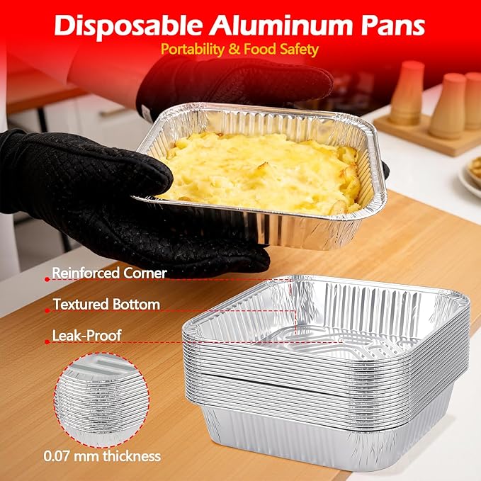 8x8 Aluminum Foil Pans with Lid, 20 Pack Disposable Trays Half Size Heavy Duty Tin Pans Deep Food Containers For Cooking, Meal Prep, Baking, Roasting, Chafing, Heating or Steam Table